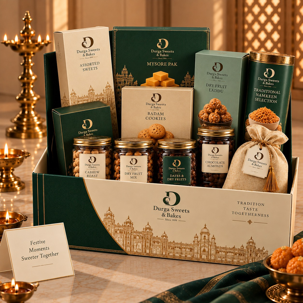 Durga Sweets festive celebration gift box with sweets and namkeens